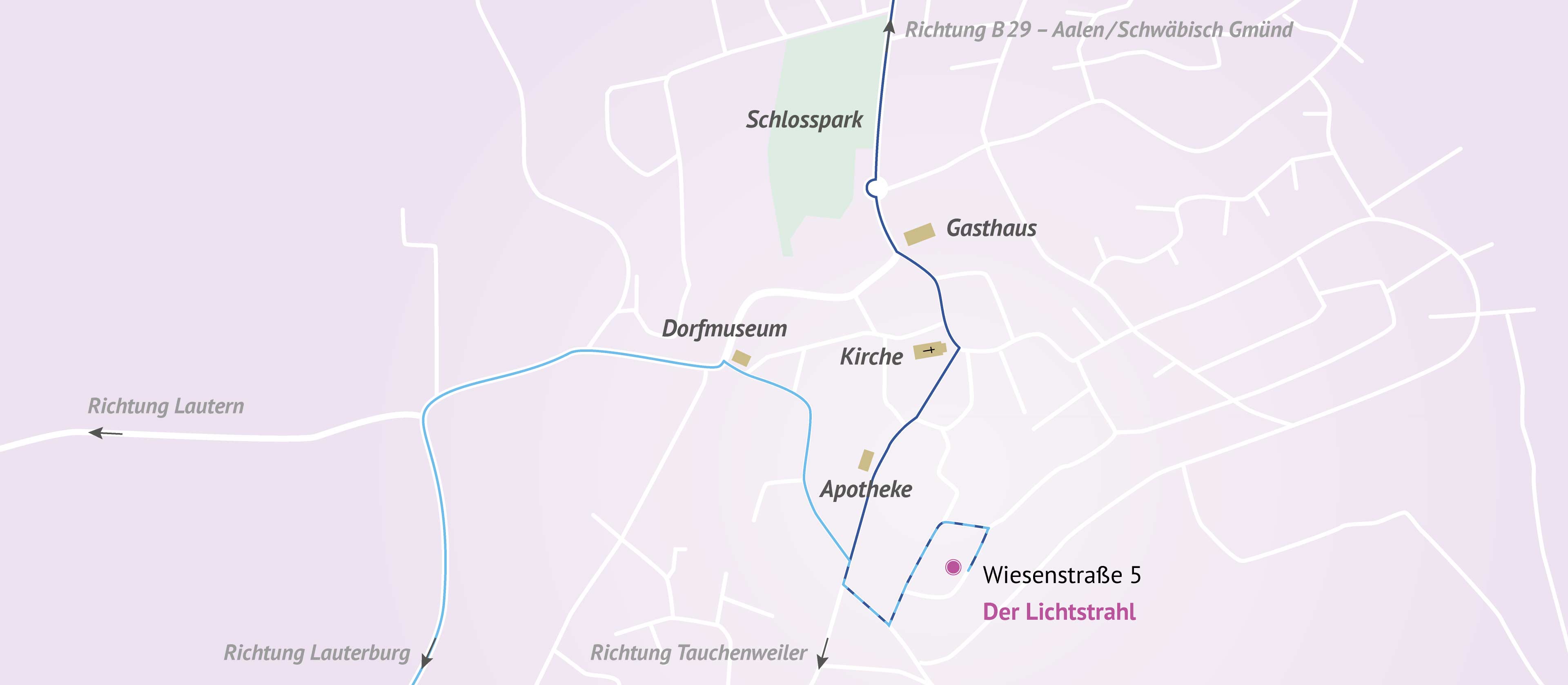 Eine Karten von Essingen mit der Anfahrtskizze zu Der Lichtstrahl in der Wiesenstraße 5.