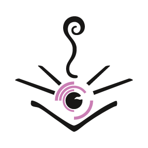 Das Logo von Der Lichtstrahl besteht im Zentrum aus einem wellig angeschnittenen schwarzen Kreis der von 4 violetten Kreissegmenten umgeben ist. Darum angeordnet sind in schwarz, seitlich je zwei Streifen und oben ein gebogener Stab mit rundem Kopf. Alles ruht in einem nach oben offenen Winkel.